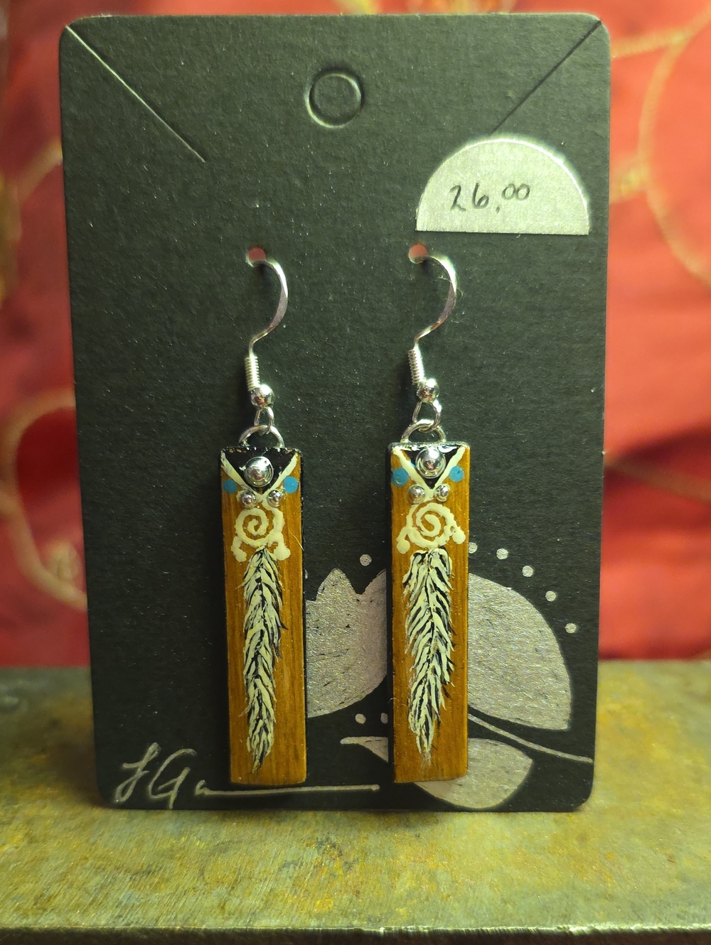 Handcrafted Brown Wooden Feather Drop Earrings with Blue Accents